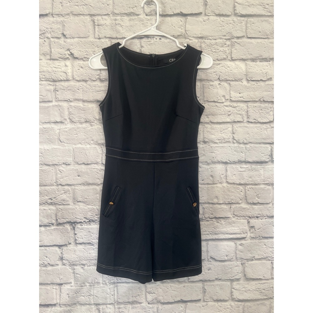 CBR Black Sleeveless Romper White Contrast Stitch Gold Button Pockets Size S